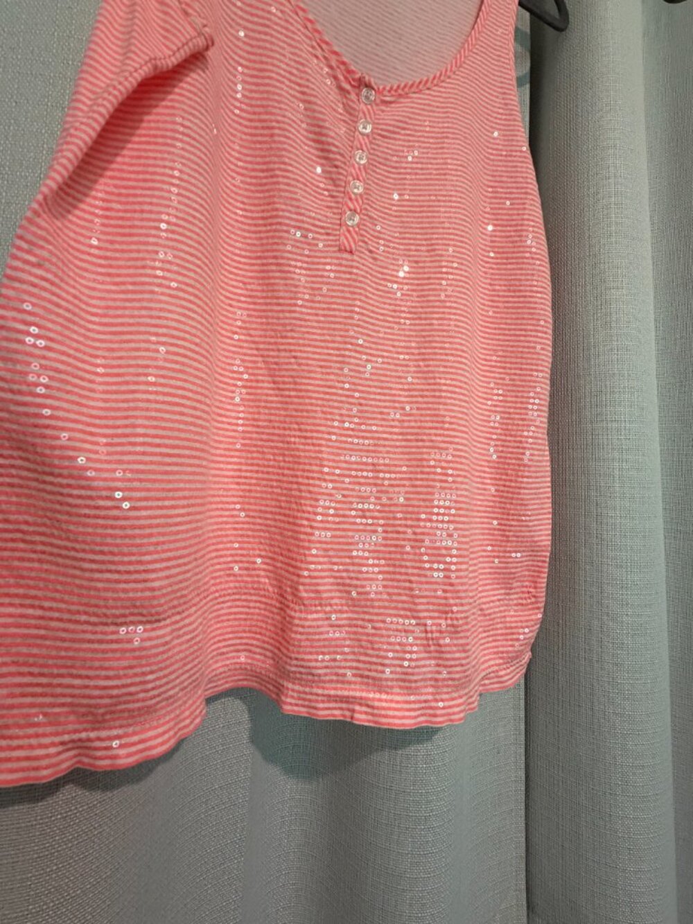J. Crew Pink Striped Sequin Henley Tank Top Size L Cotton Summer - Picture 4 of 6